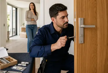 Chaveiro instalando uma fechadura nova.