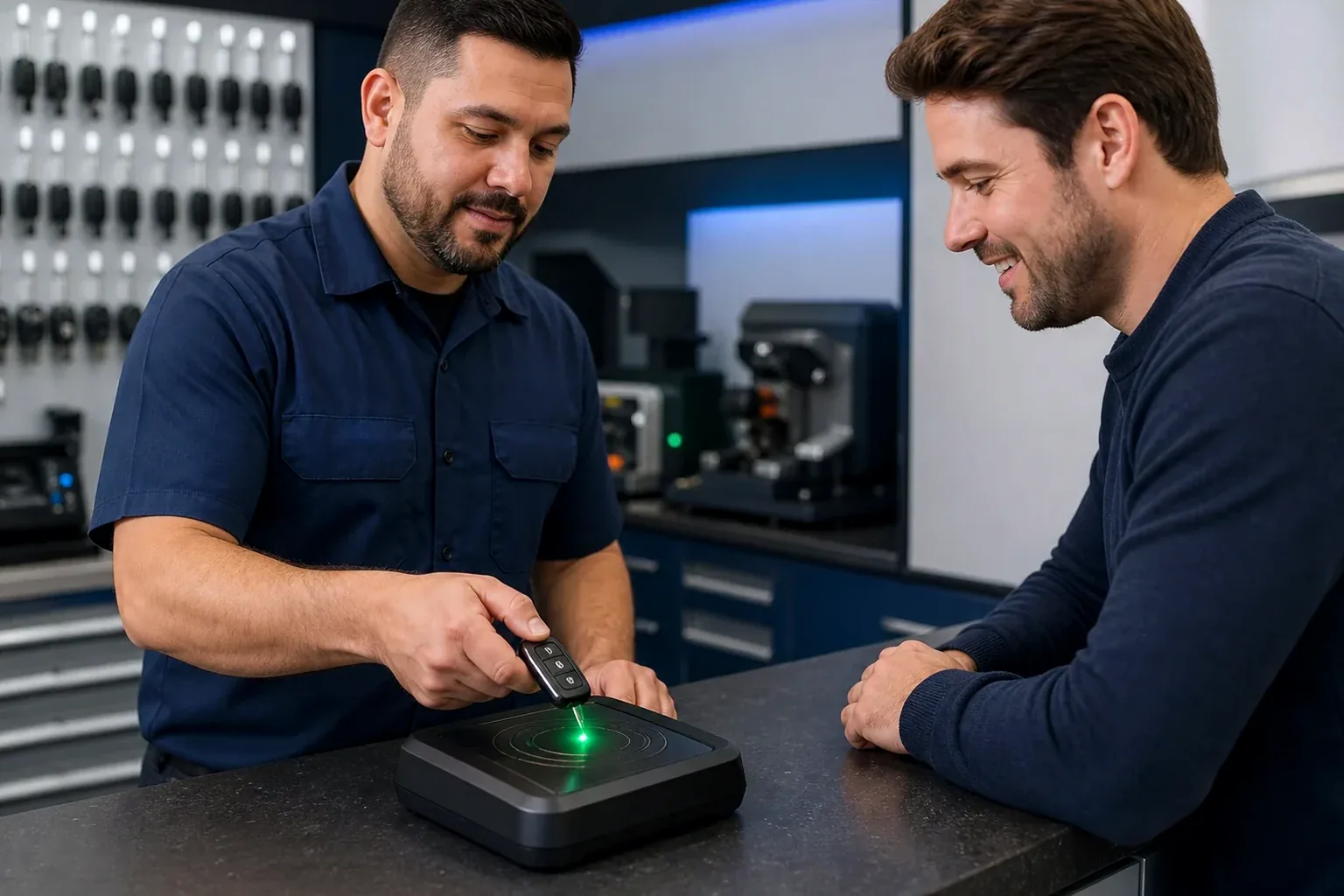 Chaveiro programando um controle remoto.